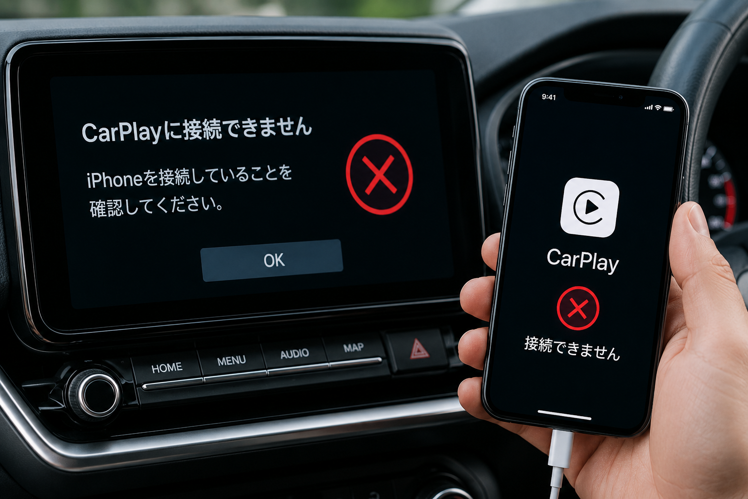 iPhoneと車載ディスプレイの接続に失敗したイメージ