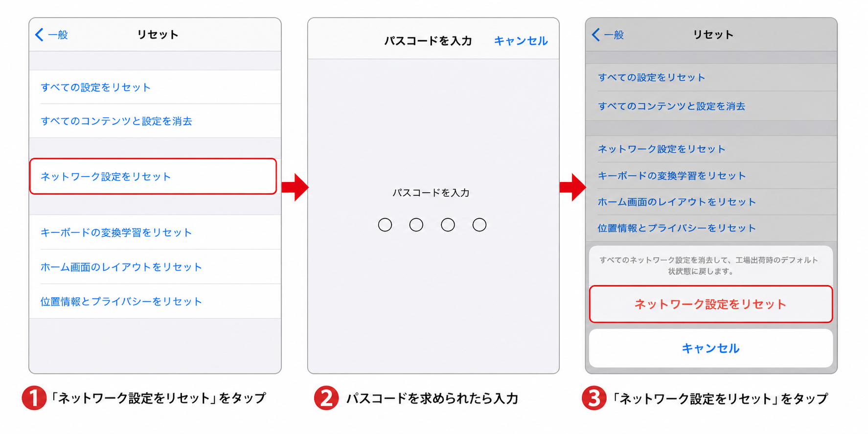 「ネットワーク設定をリセット」の画面