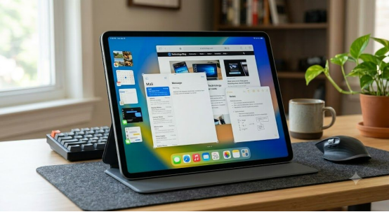 iPadのステージマネージャーで複数のウインドウを重ねてパソコンのように表示している画面