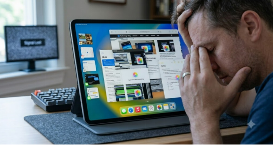 iPadの動作が重くなり、システムエラーやトラブルに頭を抱え込んで悩む様子
