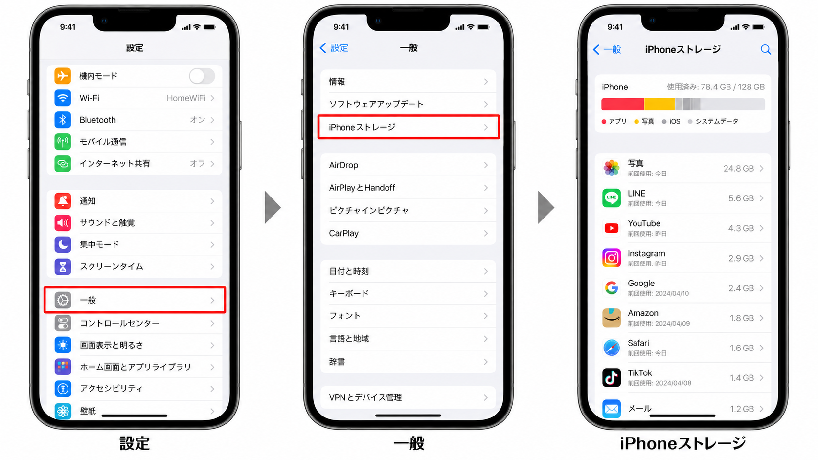「iPhoneストレージ」で空き容量を確認