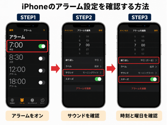 iPhoneのアラーム設定を確認する手順