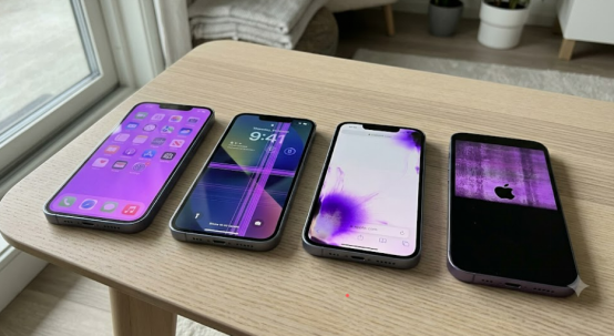画面全体が紫色になったiPhoneや紫色の線が入った画面の様子