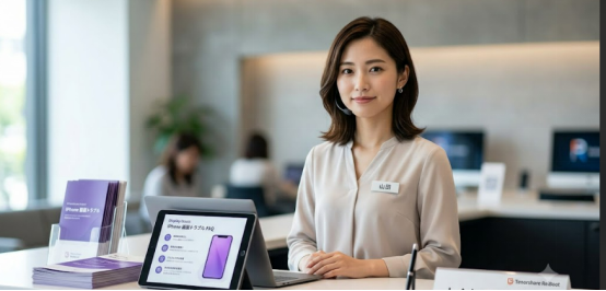iPhoneの紫色画面に関する疑問にお答えするために相手からの疑問をデスクでこっちを向いて待っている受付の女性。